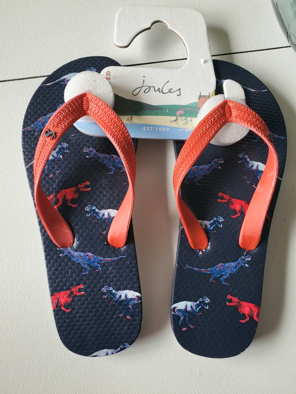 Joules Navy Dinosaur Flip Flops with Coral Straps